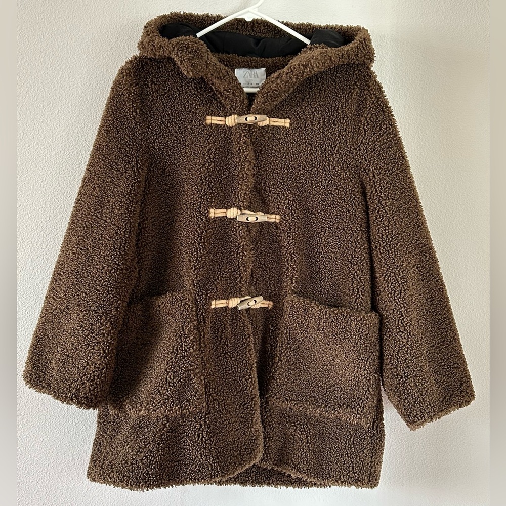 Zara Kids Teddy Duffle Toggle Hooded Coat Brown Size Big Kid 13-14 / 164CM - Picture 2 of 14